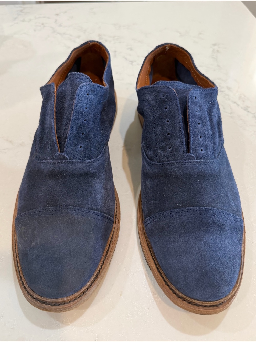 Frye Men's Navy Suede loafers with Tan Welt